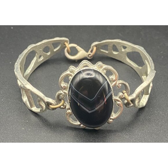 Vintage Black Onyx Cabochon Silver Plated Bracelet Signed Armuna Mexico Artisan - Picture 1 of 10